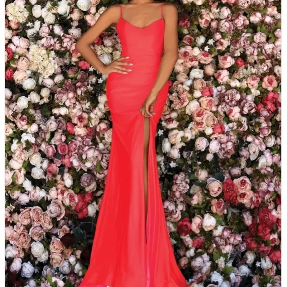 Mermaid Lace Open-Back Slit Floor-Length Lace Dress 800259 by Clarisse 8 / Neon Red